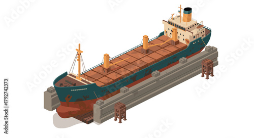 Isometric cargo ship in dry dock for repairs maintenance and repainting