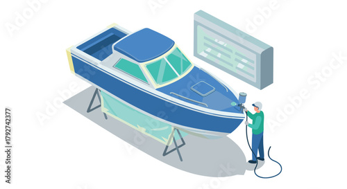 Worker painting a blue boat in a workshop with modern tools in isometric style