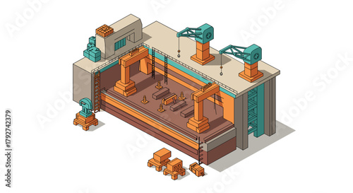 Isometric construction site with cranes and building equipment in 3d style
