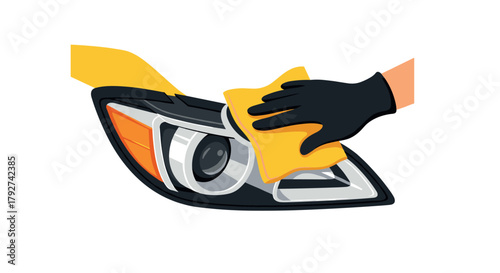 Car headlight cleaning with cloth and glove in flat design