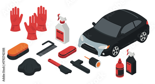 Isometric car cleaning kit with accessories and red gloves for detailed maintenance