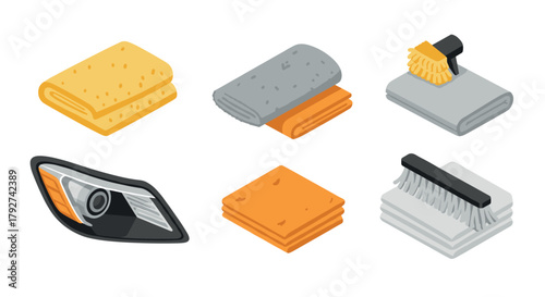 Isometric car cleaning essentials brushes, cloths, and sponges