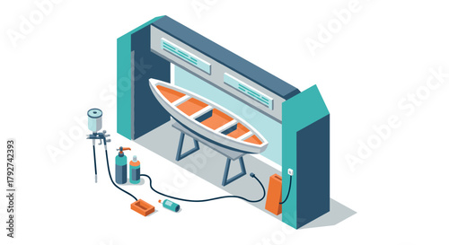 Isometric boat workshop with painting equipment and supplies