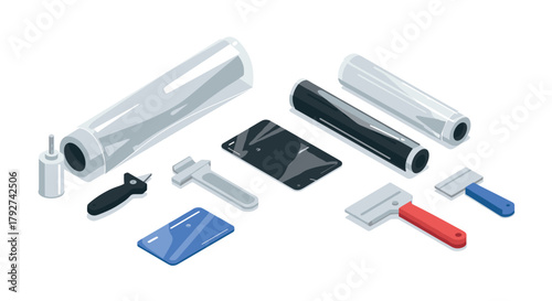 Isometric vinyl wrapping tools set on white background for professional car customization