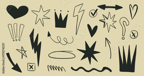 Set of black doodle symbols and shapes on beige background for comic design. Hand-drawn arrows, stars, hearts, crowns, lightning bolts, and exclamation marks. Vector sketch elements for creative 