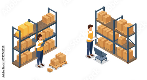Isometric warehouse workers organizing shelves with boxes and cart
