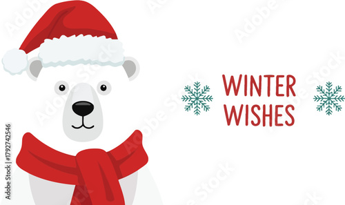 Polar bear with santa hat and scarf, winter wishes