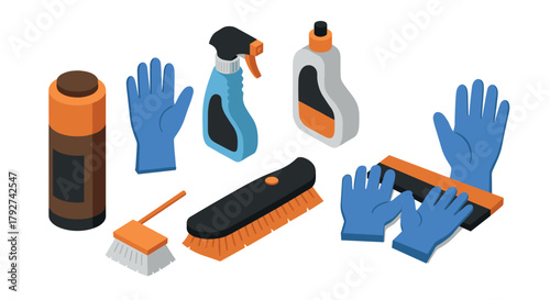 Essential isometric cleaning tools collection for modern home and office hygiene