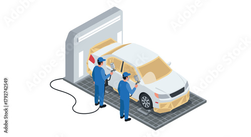 Vehicle painting process in an isometric auto workshop scene with workers