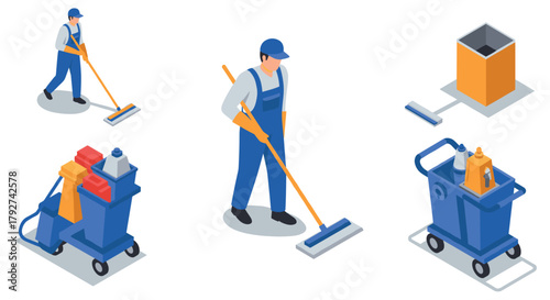 Isometric cleaning crew professional tools and equipment for thorough maintenance