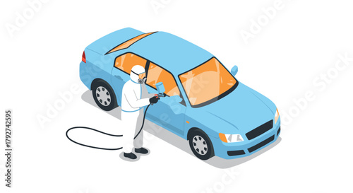 Isometric car painting technician in protective gear spraying blue sedan