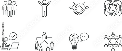 Teamwork, leadership, collaboration, unity, business icons, corporate structure, partnership, communication, idea sharing, management, networking, success, organization, strategy