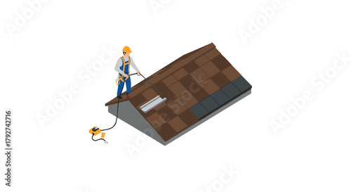 Isometric roof painter working with roller on steep surface