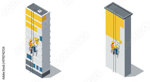 Isometric workers painting high rise buildings in safety gear