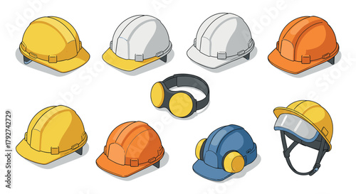 Collection of safety helmets and goggles in isometric style for construction and industrial use