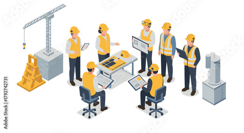 Construction team meeting in isometric style with engineers and architects