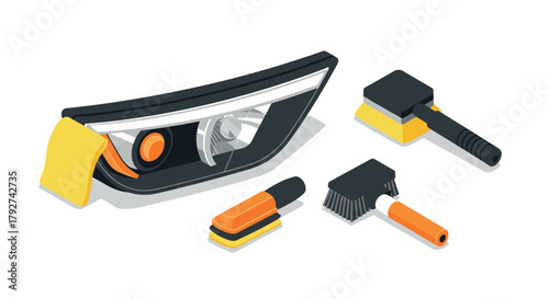 Car cleaning tools and headlight isometric design for auto care