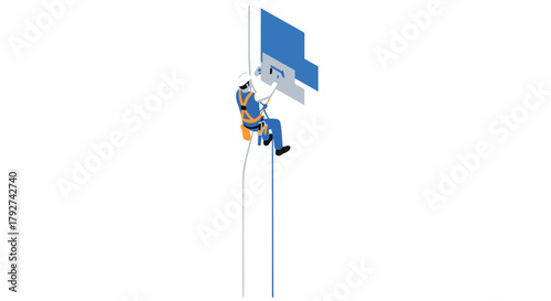 Window cleaner on harness climbing skyscraper in isometric style