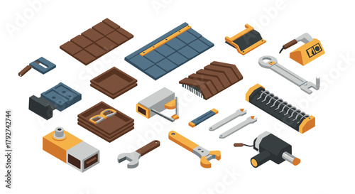 Isometric construction tools and materials set in modern design