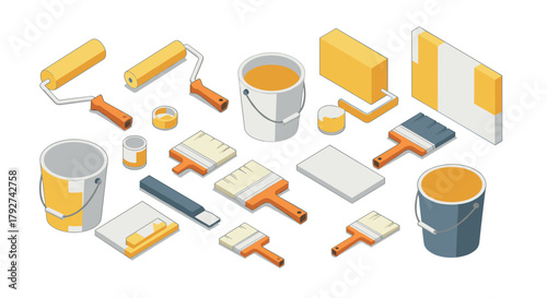 Isometric painting tools set with brushes, rollers, and paint buckets in yellow and gray tones