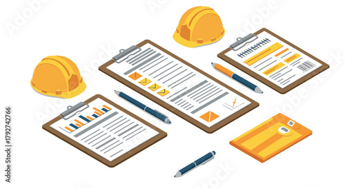 Isometric construction documents and equipment with hard hats and clipboards
