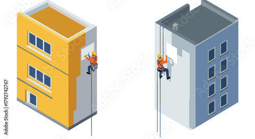 Construction workers in isometric style repairing buildings