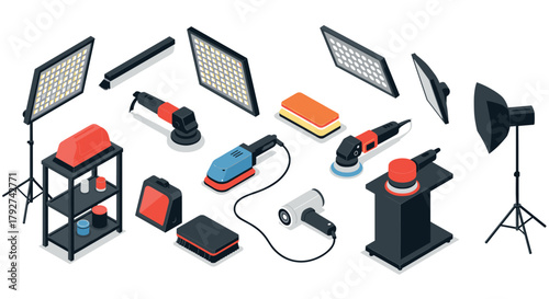 Isometric photography equipment collection lights, cameras, backdrops, and more