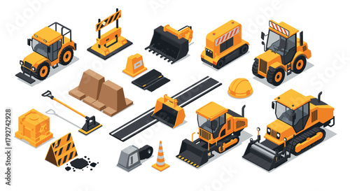 Isometric construction equipment set featuring heavy machinery and traffic signs
