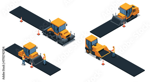 Isometric construction vehicles and workers on roadwork project