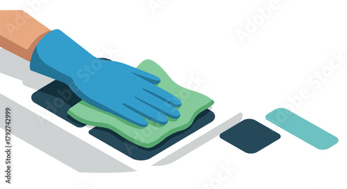 Hand in glove cleaning surface with sponge in minimalist style