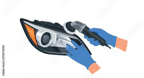 Car headlight polishing with gloves automotive maintenance closeup