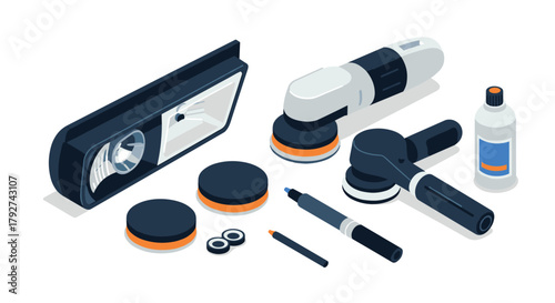 Car detailing tools and equipment set in isometric style for vehicle maintenance