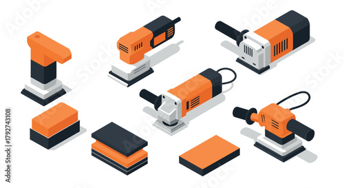Isometric power sanders collection in orange and black for industrial and diy projects
