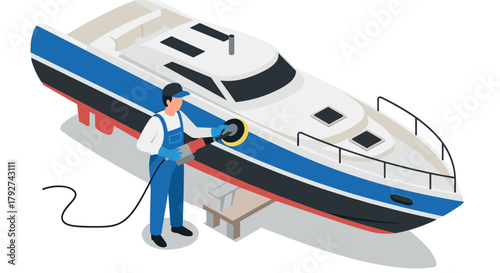 Isometric boat maintenance scene with worker polishing yacht