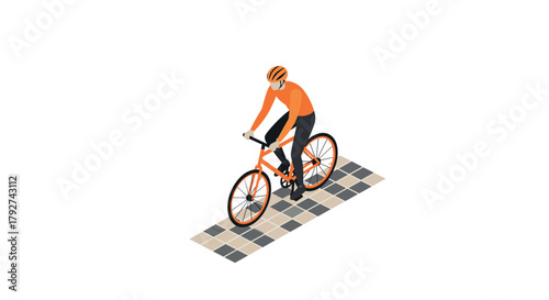 Isometric bicyclist riding on urban path in orange outfit