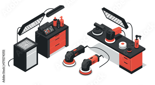 Isometric garage workshop tools with workbenches and equipment