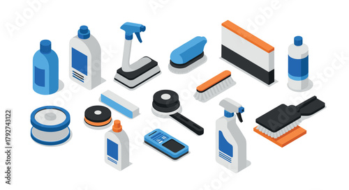 Isometric cleaning supplies set with detergents and brushes