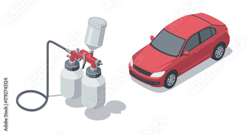 Isometric red car and paint sprayer set for automotive painting concept