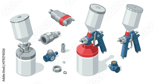 Isometric airbrush equipment set with tools and accessories for painting projects
