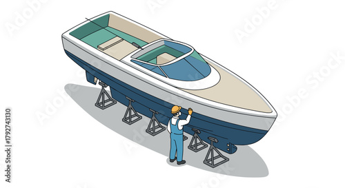 Isometric yacht maintenance scene with worker and boat in dry dock setting