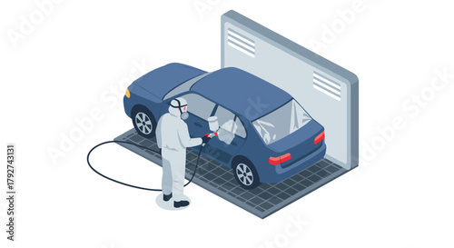 Isometric car painting process with professional worker in protective gear
