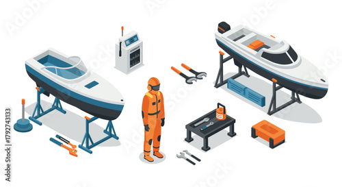 Isometric boat repair scene with worker, tools, and equipment in workshop setting