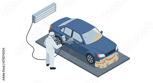 Isometric car painting workshop with technician in protective gear