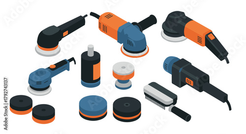 Isometric power tools set in blue and orange for industrial and diy projects