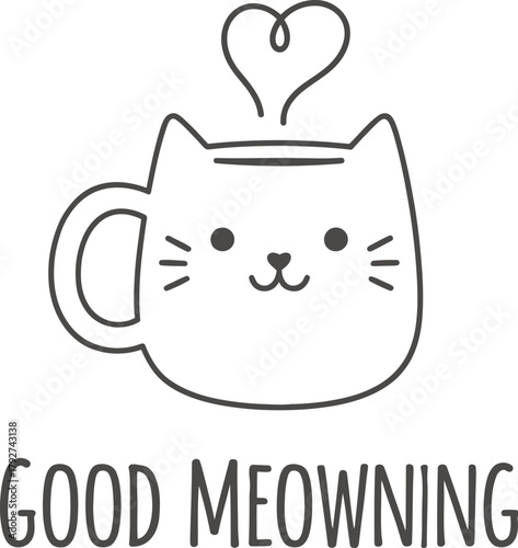 Cute Cat Mug Vector Illustration with "Good Meowning" Pun Text – Kawaii Kitten Face Coffee Cup, Heart Steam, and Funny Morning T-Shirt Graphic