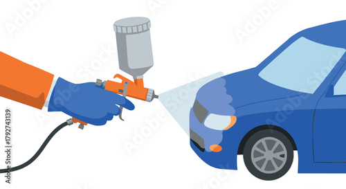 Flat design car painting process with spray gun on blue vehicle