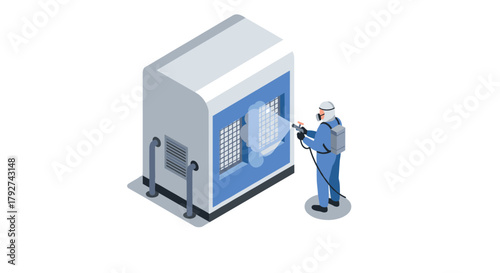 Worker in protective gear sanitizing industrial equipment in isometric style