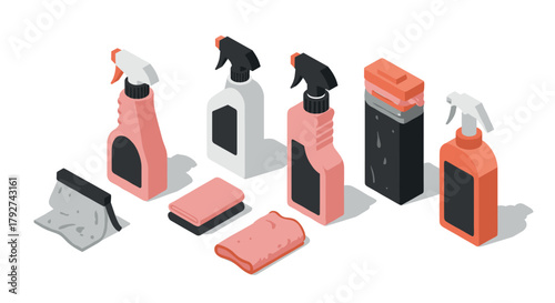 Isometric cleaning supplies collection with sprayers, cloths, and wipes