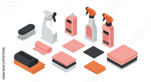 Isometric cleaning supplies set with spray bottles and cloths on white background