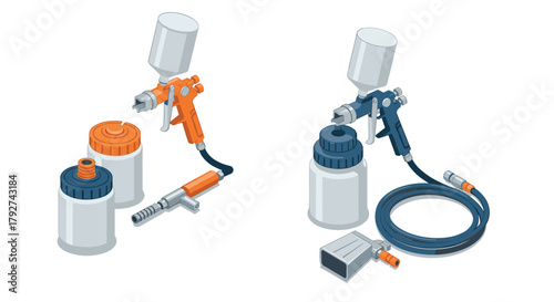 Isometric airbrush kit with hoses and jars in detailed vector design